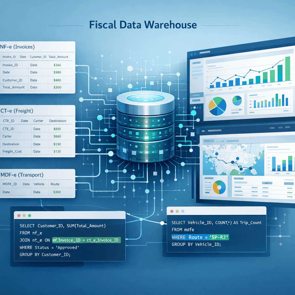 Data warehouse fiscal com NF-e normalizada e consultas SQL em dashboards de BI