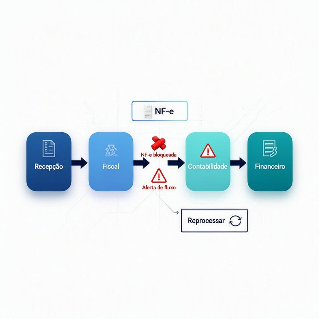 Fluxo operacional travado entre recebimento, fiscal, contabilidade e financeiro por NF-e pendente