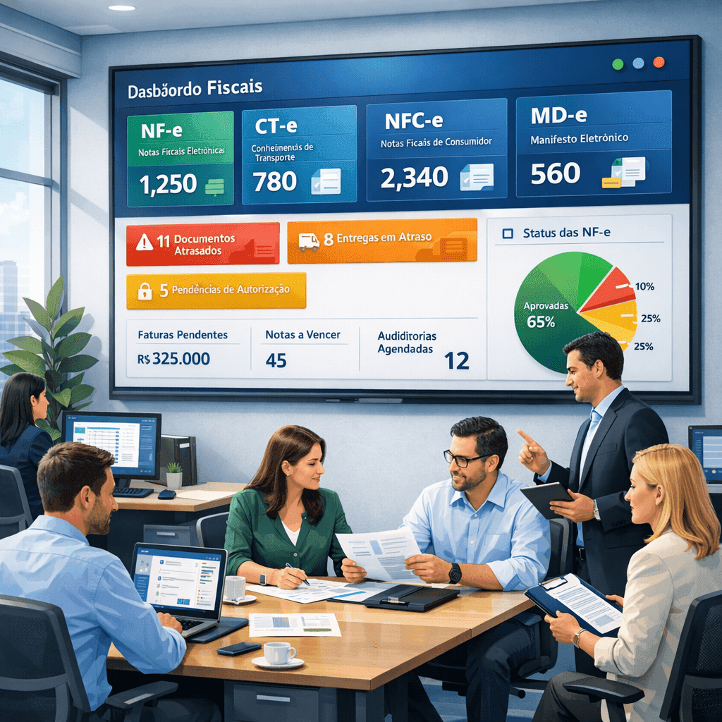 Dashboard fiscal centralizado com documentos eletrônicos e alertas de atraso no faturamento