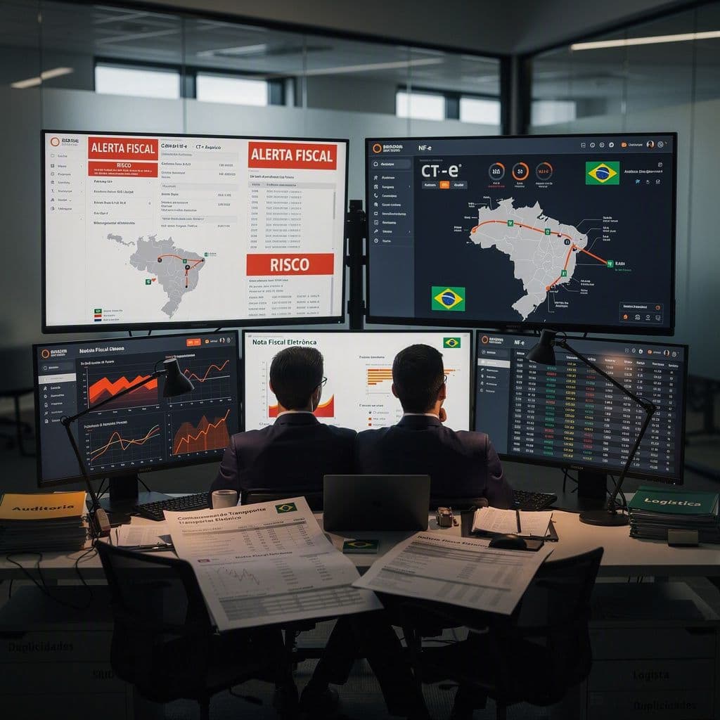 Analistas fiscais verificando CT-e e NF-e com alertas de possível fraude logística