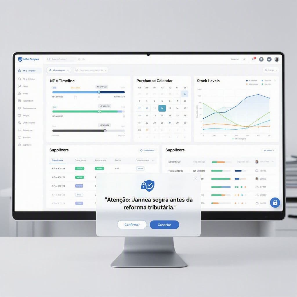 Dashboard com linha do tempo de NF-e, curvas de estoque e destaque para janela de compra antes da reforma