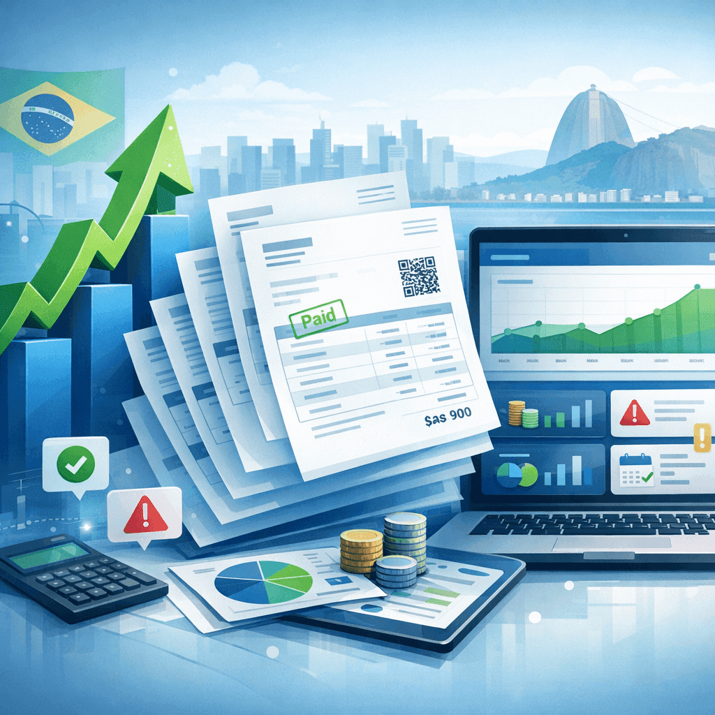 Empresa em crescimento analisando notas fiscais e projeções de caixa para expandir sem pressionar o caixa