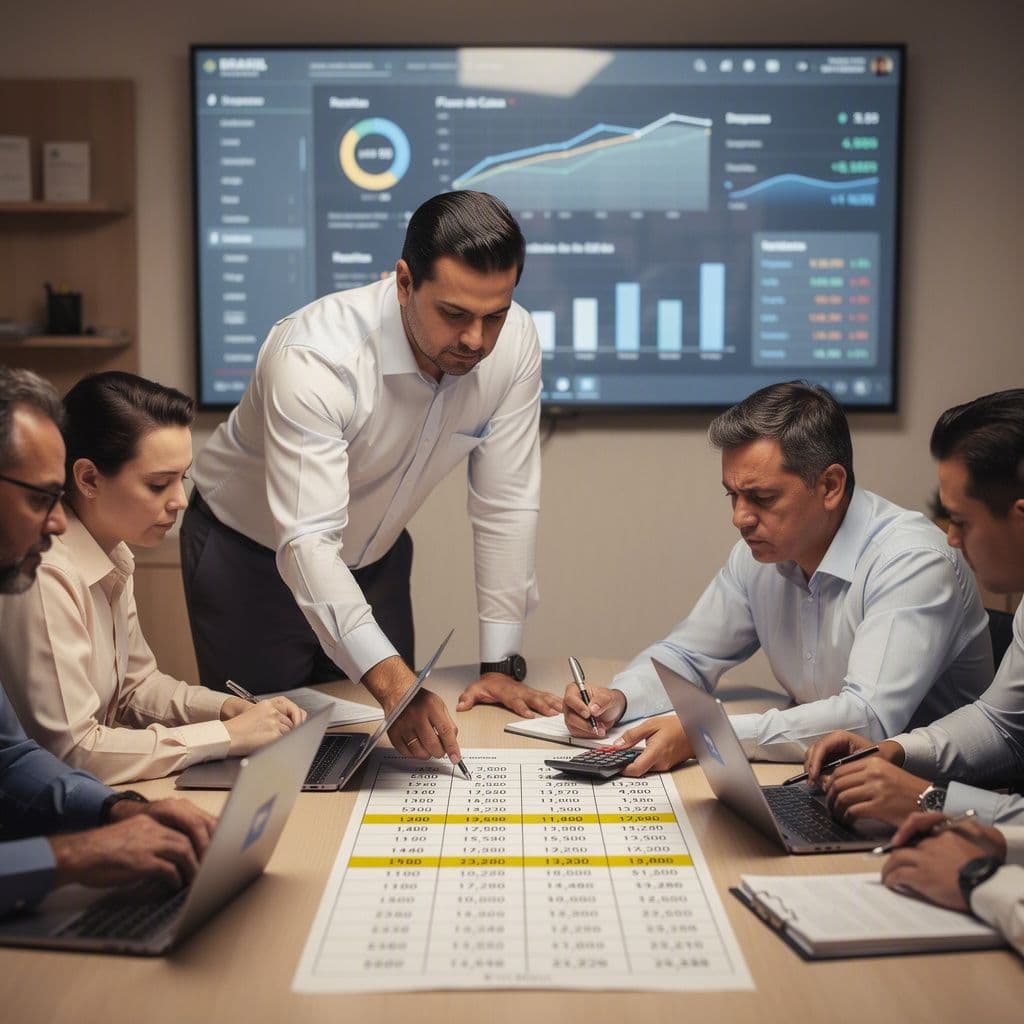 Gestor financeiro mostrando divergências em relatórios para sócio em reunião