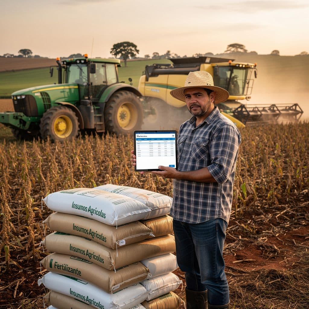 Produtor rural conferindo documentos fiscais eletrônicos durante a safra com máquinas agrícolas ao fundo.