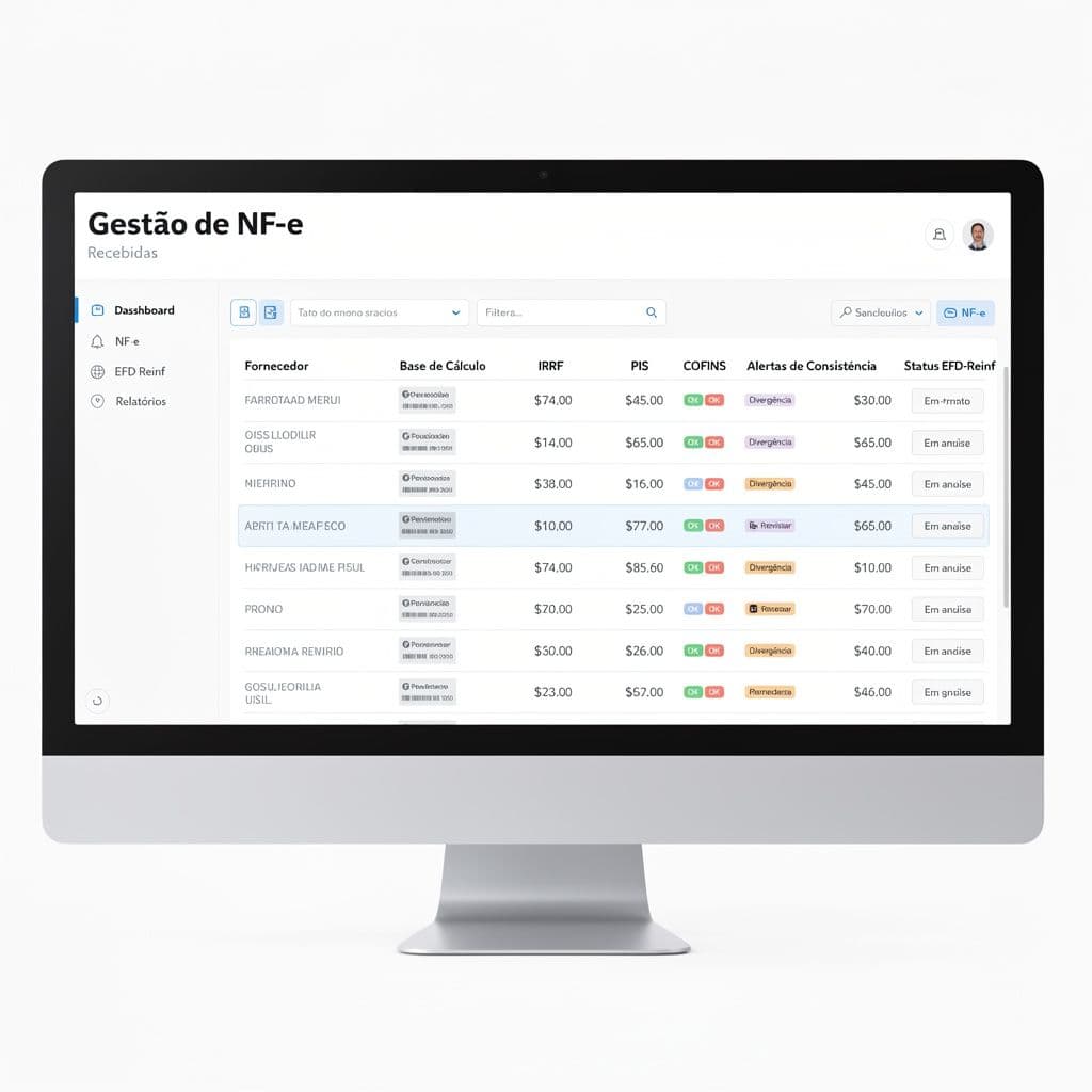 Dashboard fiscal com retenções identificadas automaticamente em notas recebidas