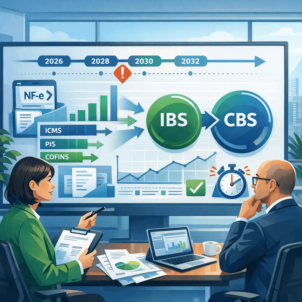 Gestor fiscal e CFO analisando histórico de NF-e e simulações de IBS e CBS durante a transição da Reforma Tributária.