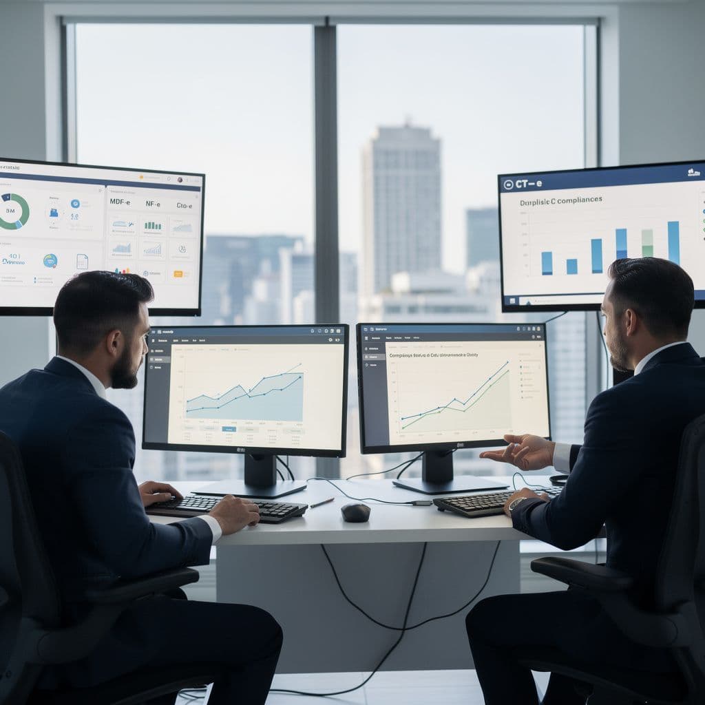 Equipe de logística analisando MDF-e, NF-e e CT-e em dashboard