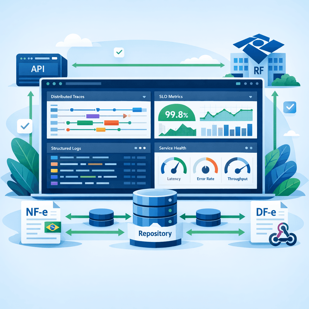 Dashboard de observabilidade para integrações fiscais com traces, métricas e logs estruturados