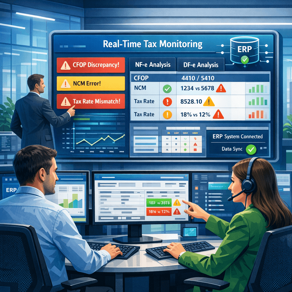 Painel fiscal monitorando NF-e e DF-e com alertas de alíquota, CFOP e NCM