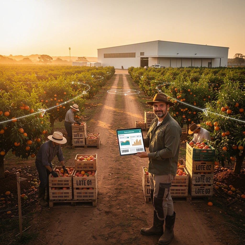 Gestor de pomar usando tablet para rastrear lotes de frutas do campo ao caixa