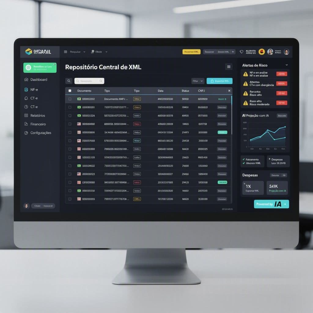 Painel da MagelNet com alertas de risco em notas fiscais e relatório de compliance