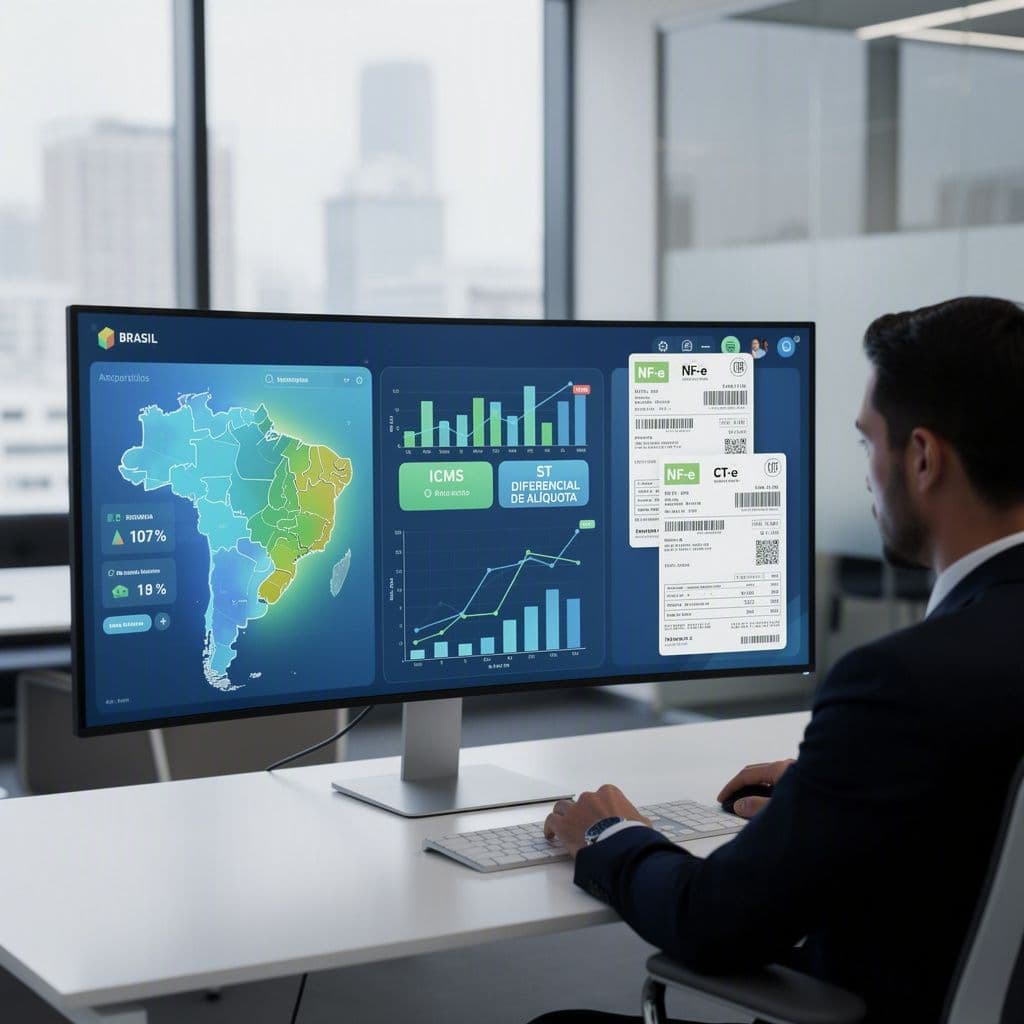 Controller financeiro analisando dashboard com histórico de NF-e e CT-e para previsão tributária