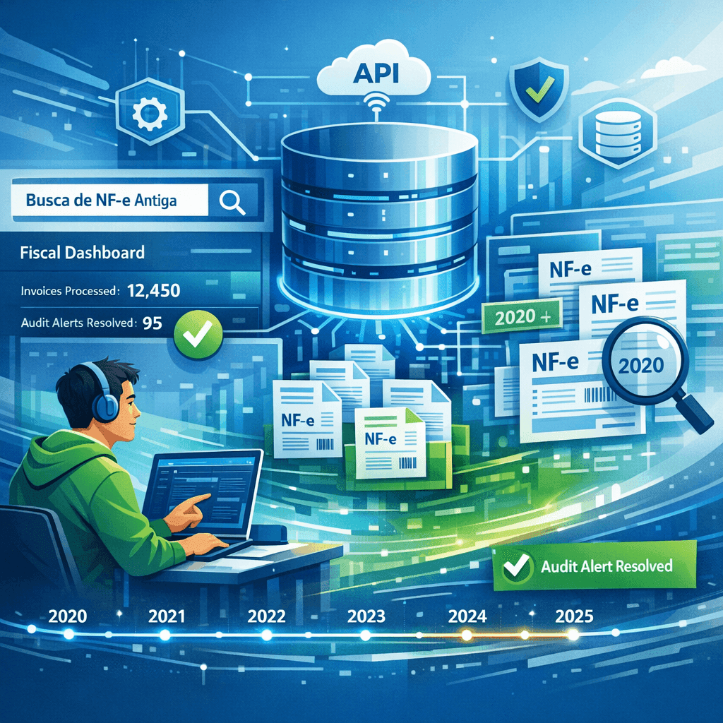 Desenvolvedor consultando NF-e antiga em um repositório fiscal central via API