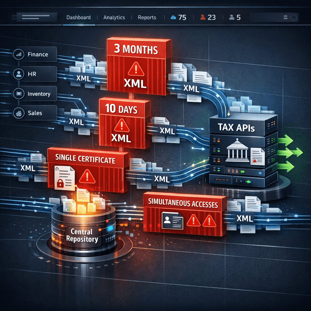 ERP com integração fiscal bloqueada por limitações da Receita e um repositório central liberando XMLs históricos