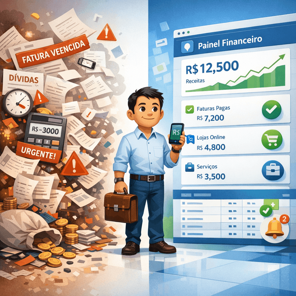 Pequeno empresário organizando múltiplas fontes de renda em um dashboard financeiro