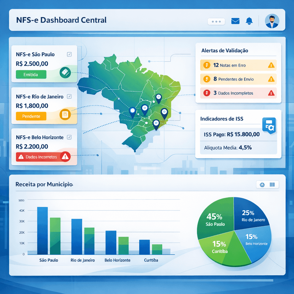 Painel fiscal centralizando NFS-e de vários municípios com alertas e indicadores de ISS
