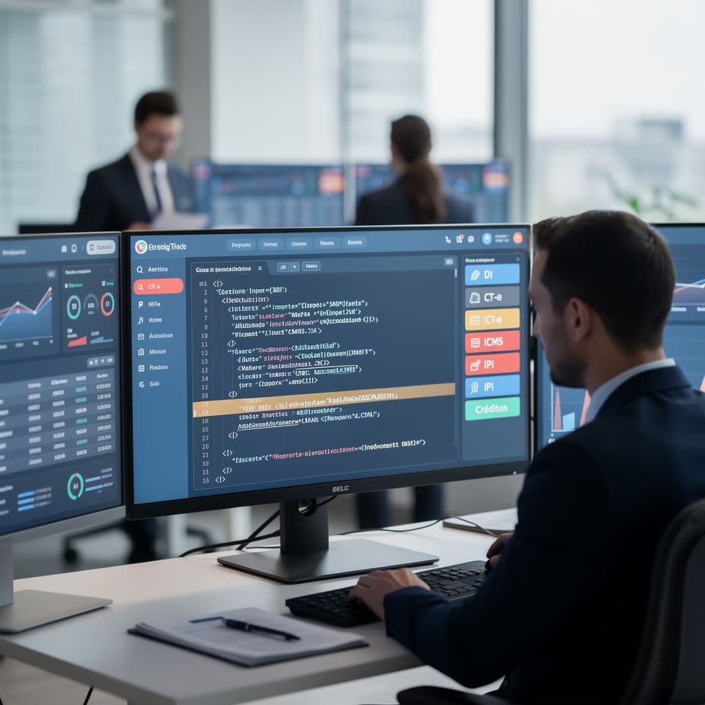 Analista fiscal revisando XML de NF-e de importação em painel digital com alertas.