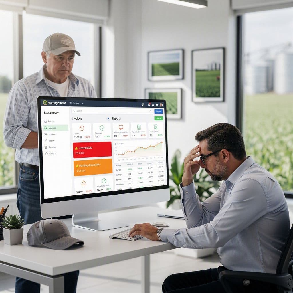 Equipe fiscal em ambiente ligado ao agronegócio analisando painel com notas fiscais indisponíveis