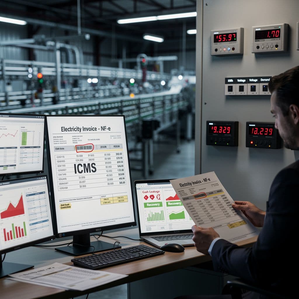Fábrica analisando NF-e de energia com destaque para créditos de ICMS e recuperação de caixa.