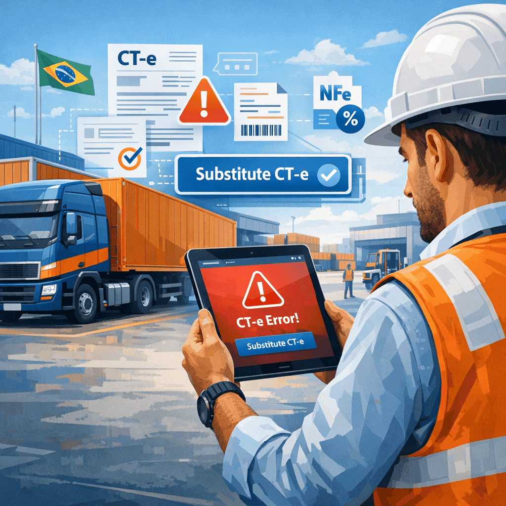 Gestor de logística em pátio de transportadora resolvendo erro de CT-e substituto para liberar carga parada.