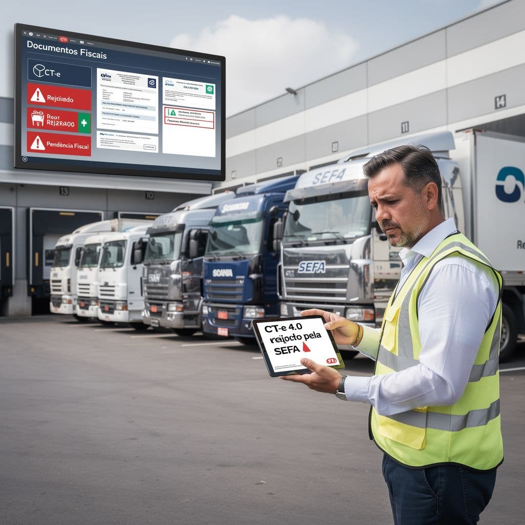 Gestor logístico analisando rejeição de CT-e 4.0 em pátio com caminhões parados