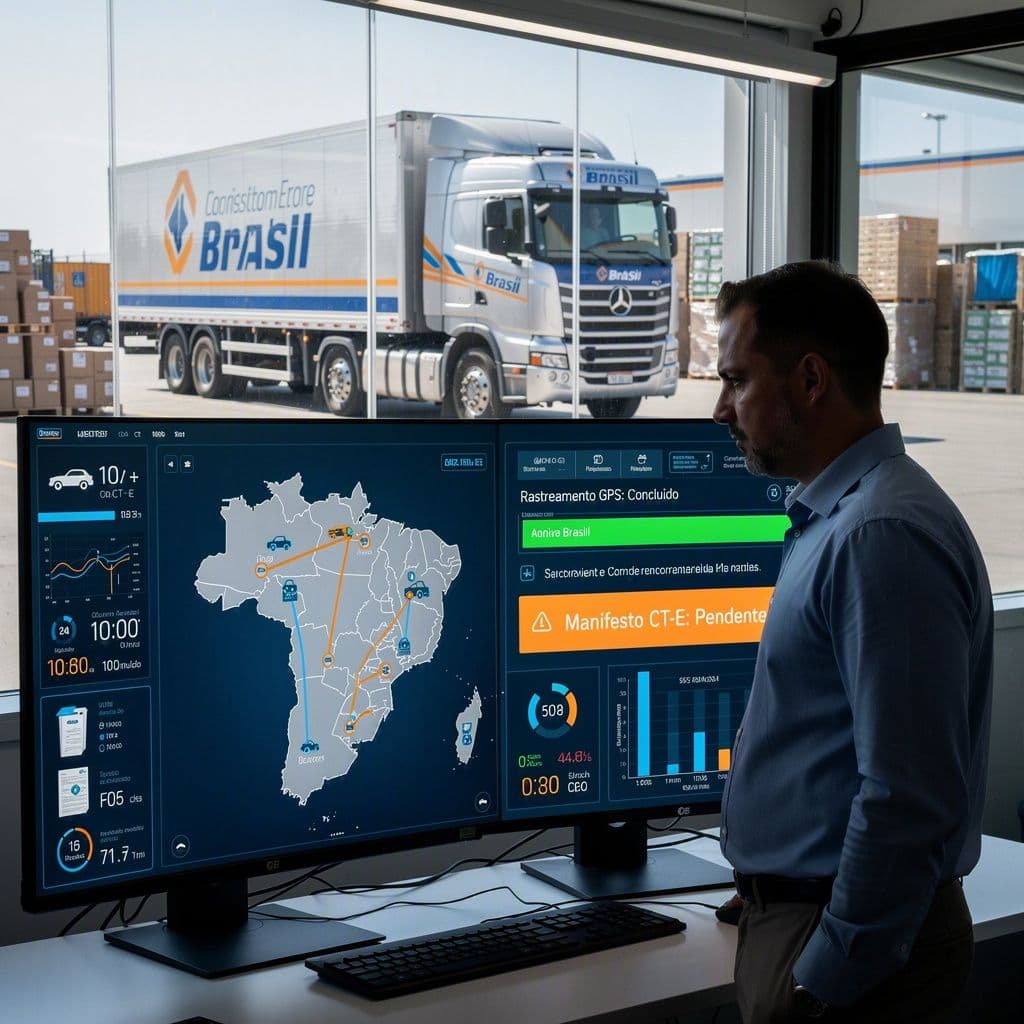 Gestor logístico visualizando painel com GPS e CT-e para liberar entrega sem atraso