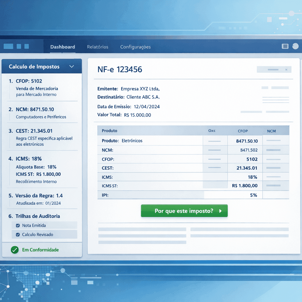 Dashboard fiscal com botão Por que esse imposto e trilha auditável de cálculo tributário para NF-e