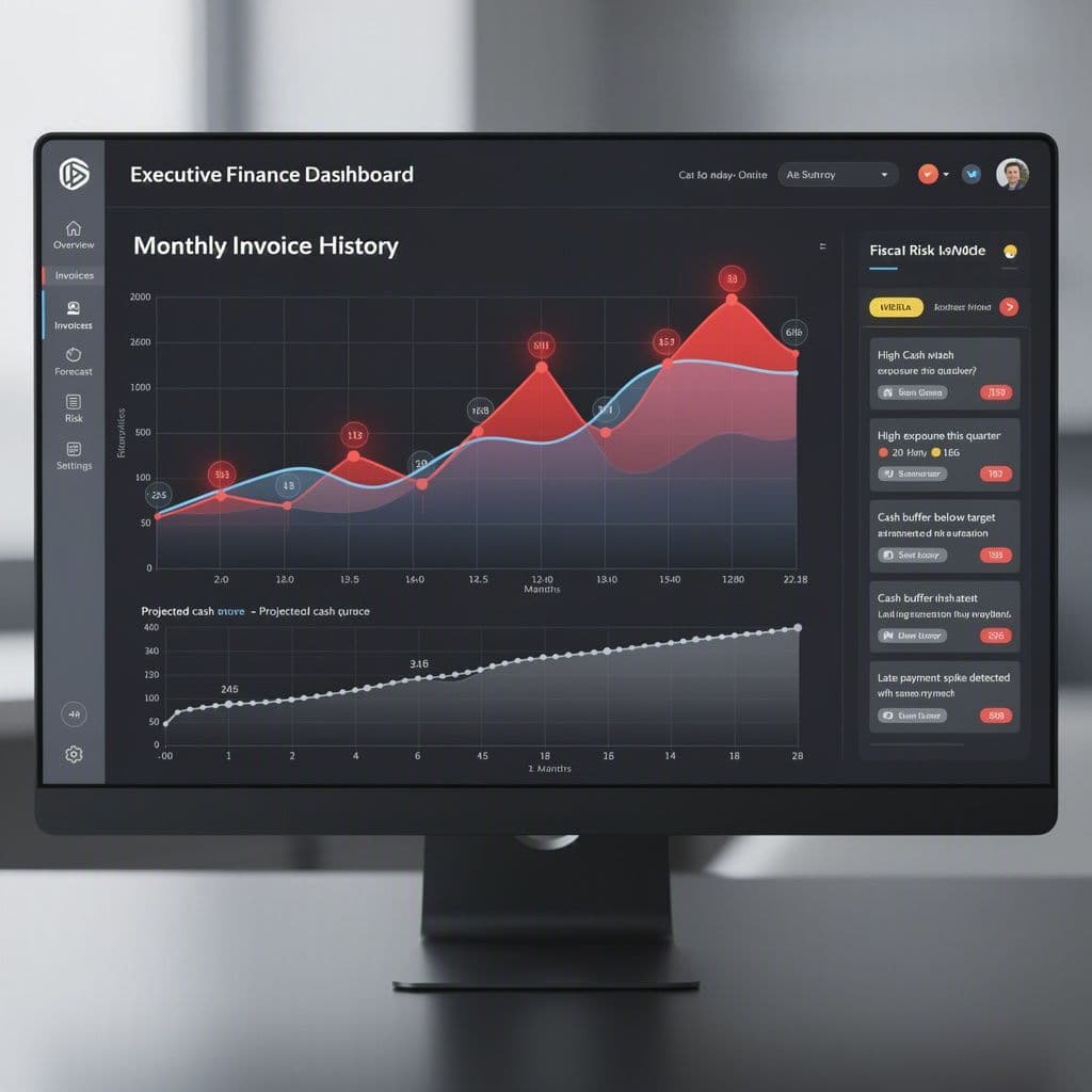Dashboard com histórico de notas fiscais, picos mensais e alertas de caixa