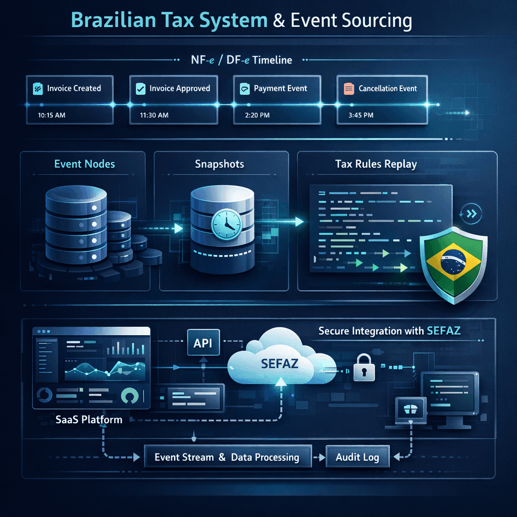 Linha do tempo de eventos fiscais de NF-e e DF-e com replay e snapshots em arquitetura Event Sourcing
