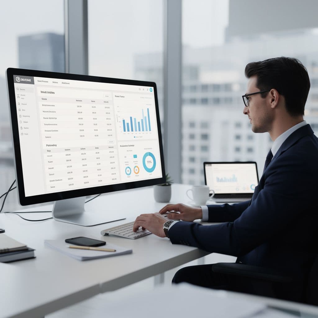 Gestor analisando notas fiscais e gráficos em uma tela