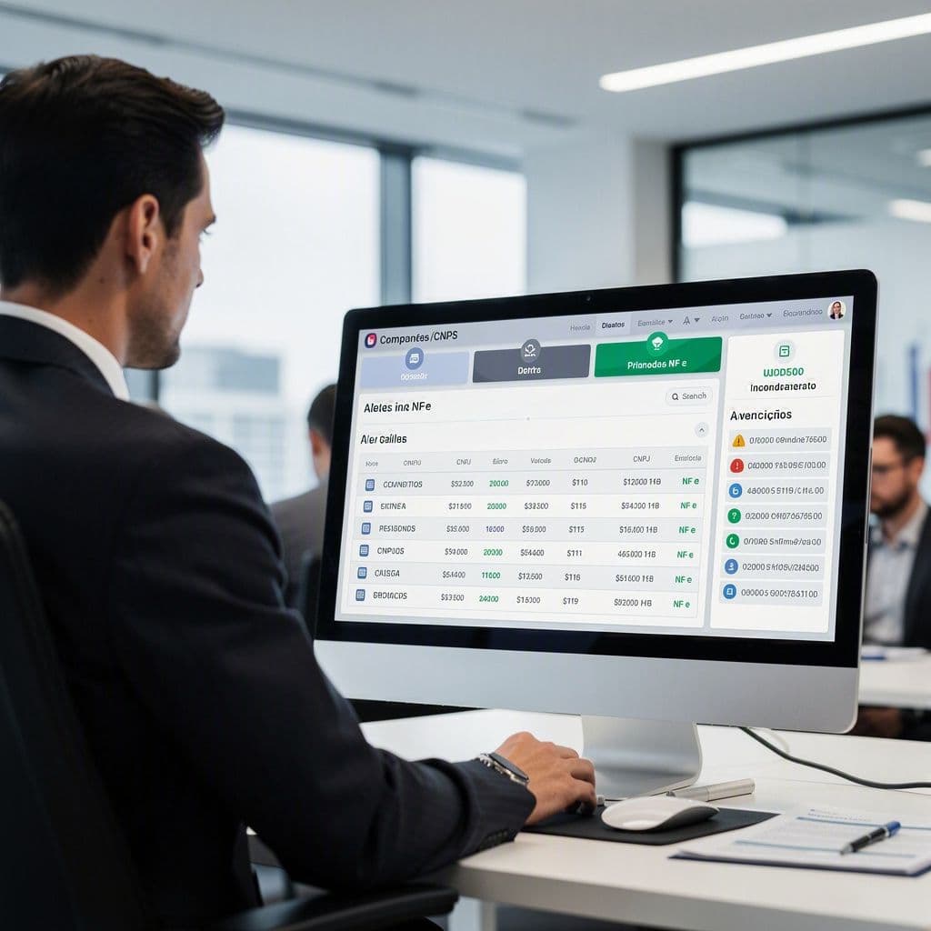 Gestor visualizando painel unificado de notas fiscais de múltiplos CNPJs em uma única tela