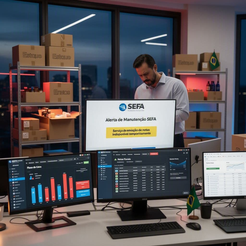 Gestor de PME vendo alerta de manutenção da SEFAZ enquanto tenta acessar NF-e durante pico de vendas
