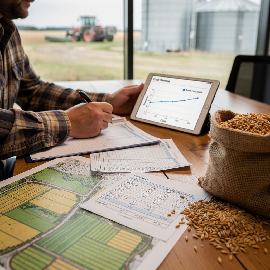 Produtor rural calculando o ponto de equilíbrio da safra com custos, sacas e fluxo de caixa