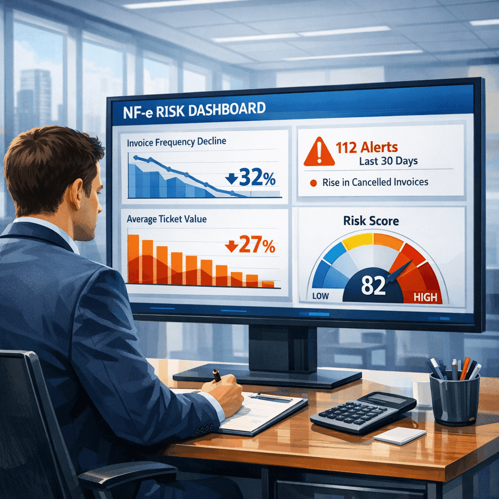 Dashboard financeiro mostrando padrões de risco de inadimplência em NF-e emitidas para clientes B2B.