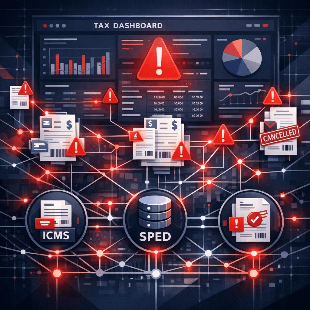 Dashboard fiscal com alertas de riscos em NF-e intercompany entre matriz e filiais