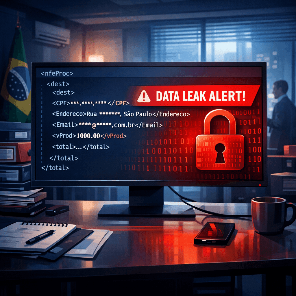 Ilustração de NF-e com dados pessoais expostos e alerta de risco LGPD em contexto fiscal corporativo