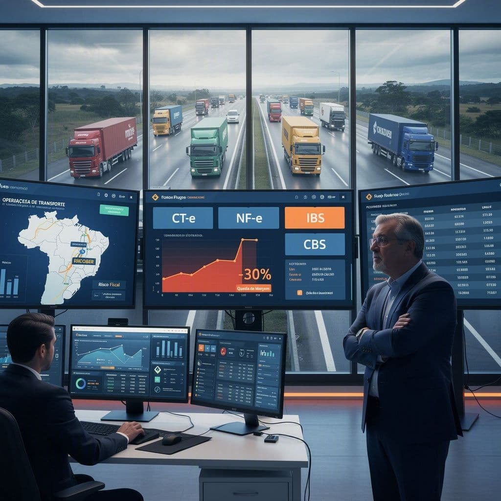 Dashboard de logística mostrando impacto da Reforma Tributária sobre CT-e e margem de frete