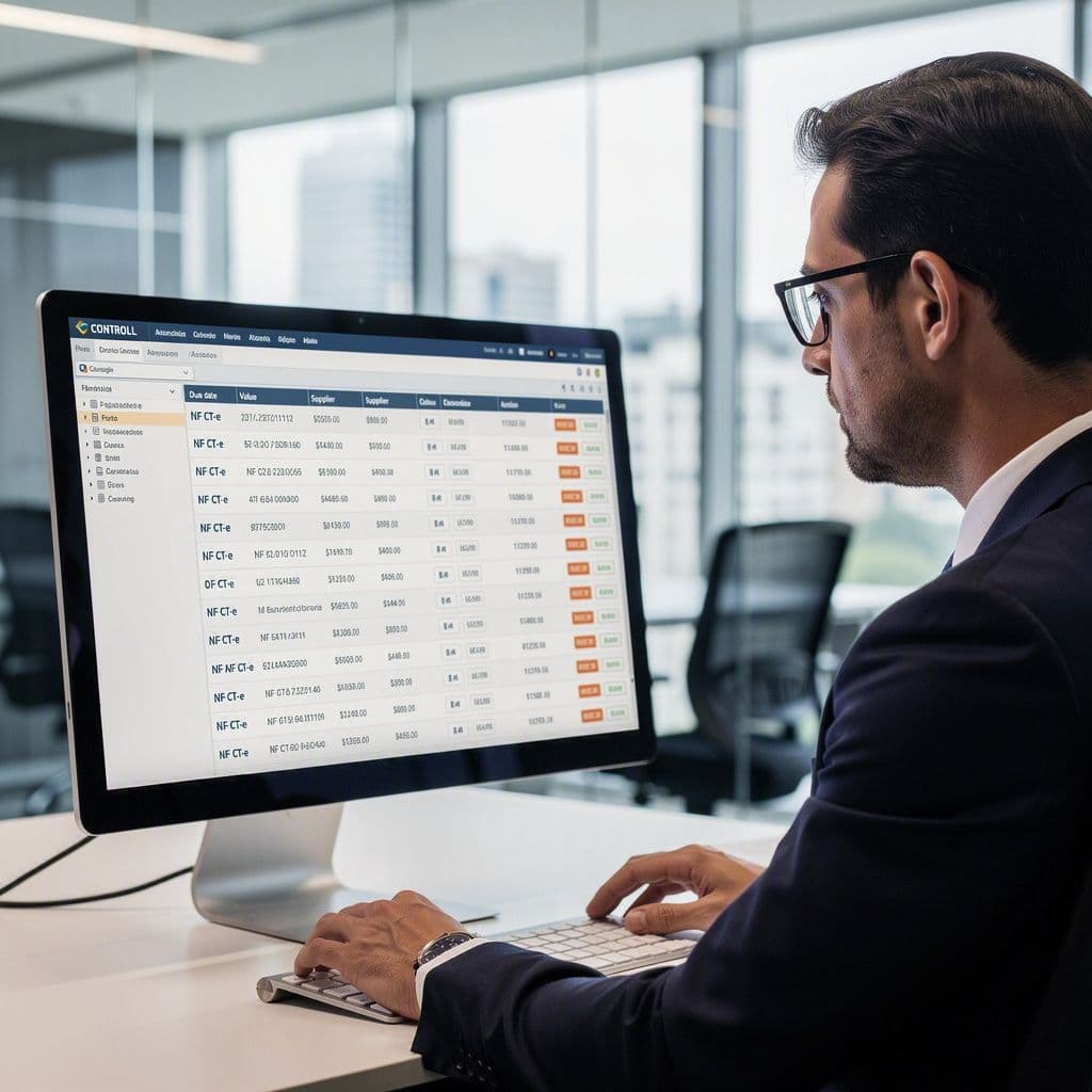 Controller analisando notas fiscais pendentes e impacto no caixa