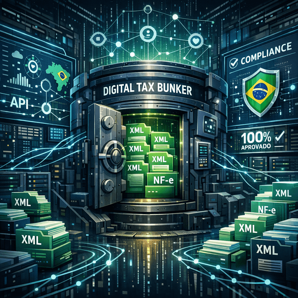 Ilustração de um repositório central de NF-e escalável e seguro para apps fiscais