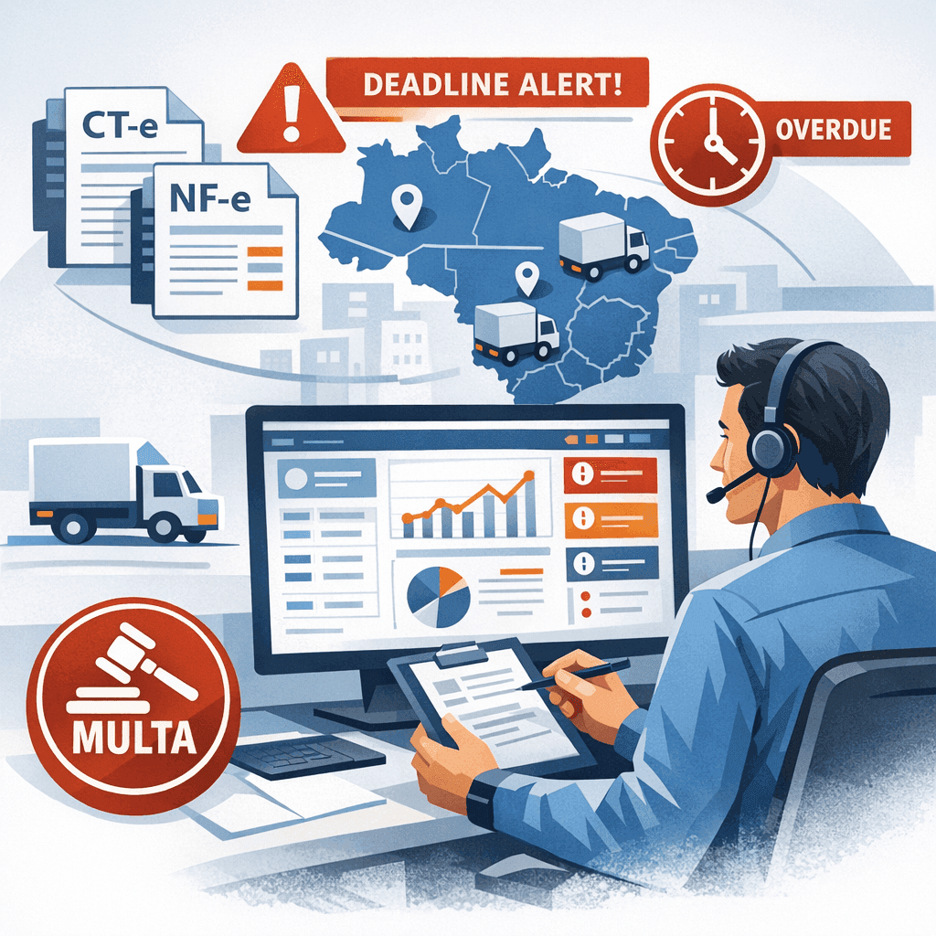 Gestor logístico analisando CT-e e NF-e em dashboard com alertas de prazo e risco de multa