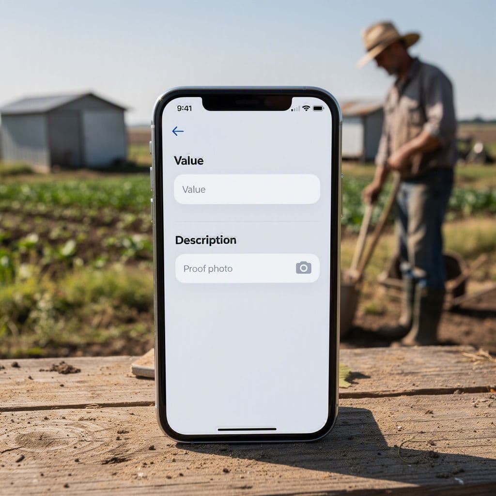 Aplicativo rural aberto no celular para registrar despesa com comprovante