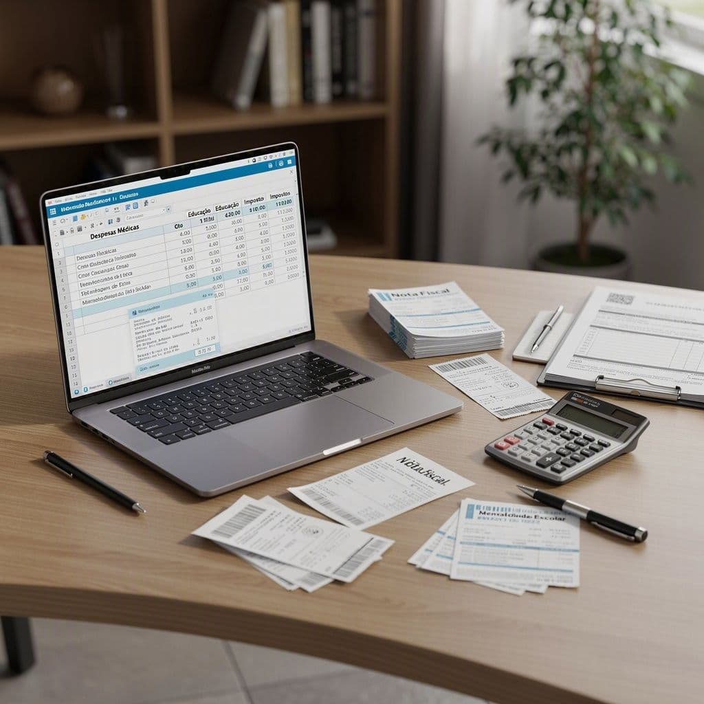 Mesa com notas fiscais, recibos médicos, mensalidades educacionais e laptop com planilha de revisão fiscal