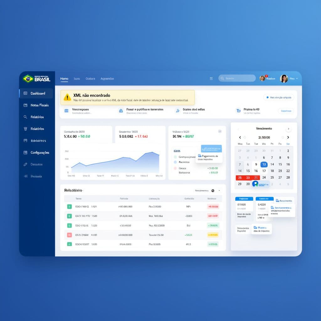 Dashboard fiscal com aviso de prazo e XML não encontrado