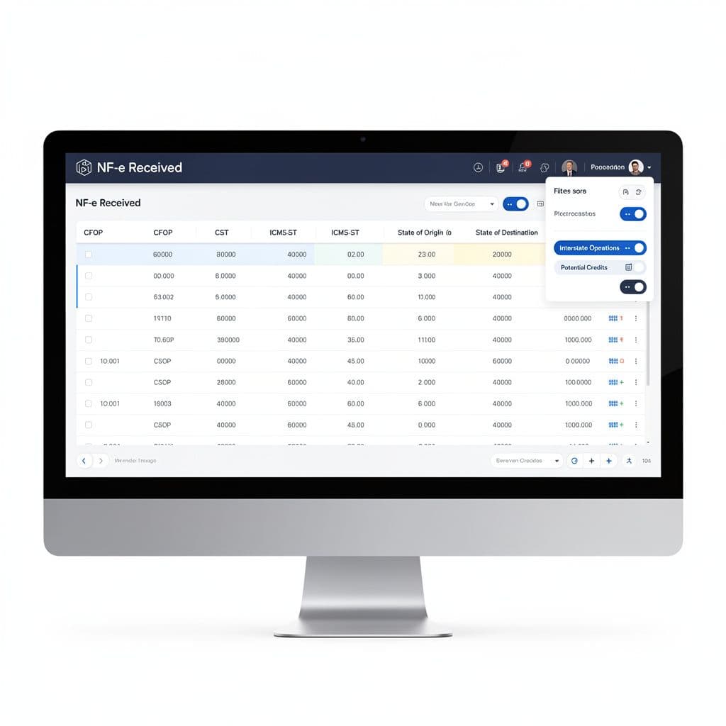 Dashboard fiscal com filtros de NF-e, UF, NCM, CEST e ICMS-ST