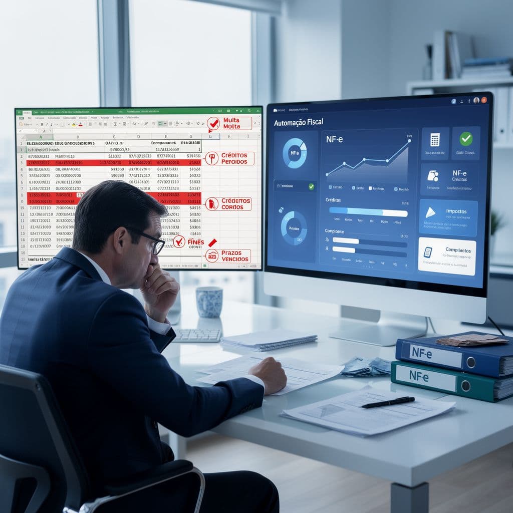 Gestor analisando planilhas de NF-e com alertas de risco fiscal ao lado de um dashboard automatizado