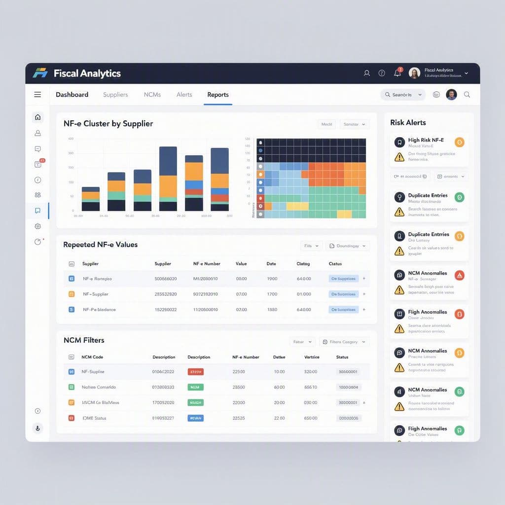 Dashboard com agrupamento de notas fiscais por fornecedor, valor e NCM