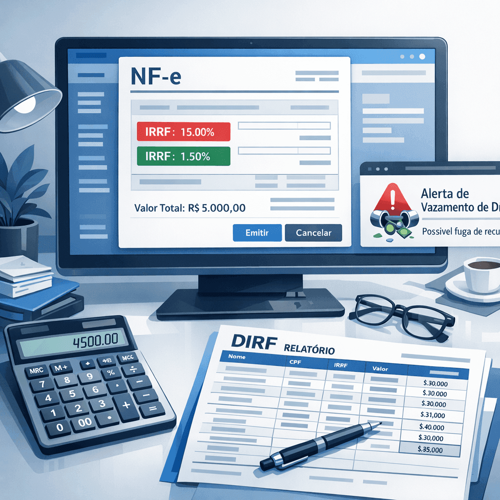 Tela com NF-e destacando campo de IRRF ao lado de planilha da DIRF e indicador de risco no caixa