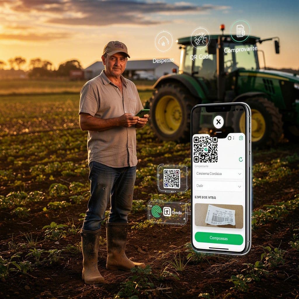 Produtor rural registrando despesa por QR Code no celular ao lado do trator