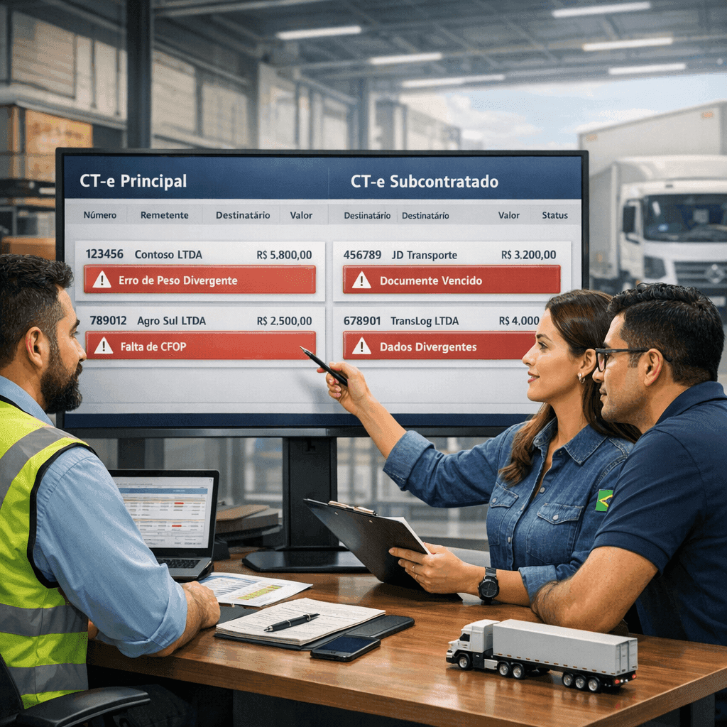 Equipe logística revisando documentos fiscais de transporte com inconsistências