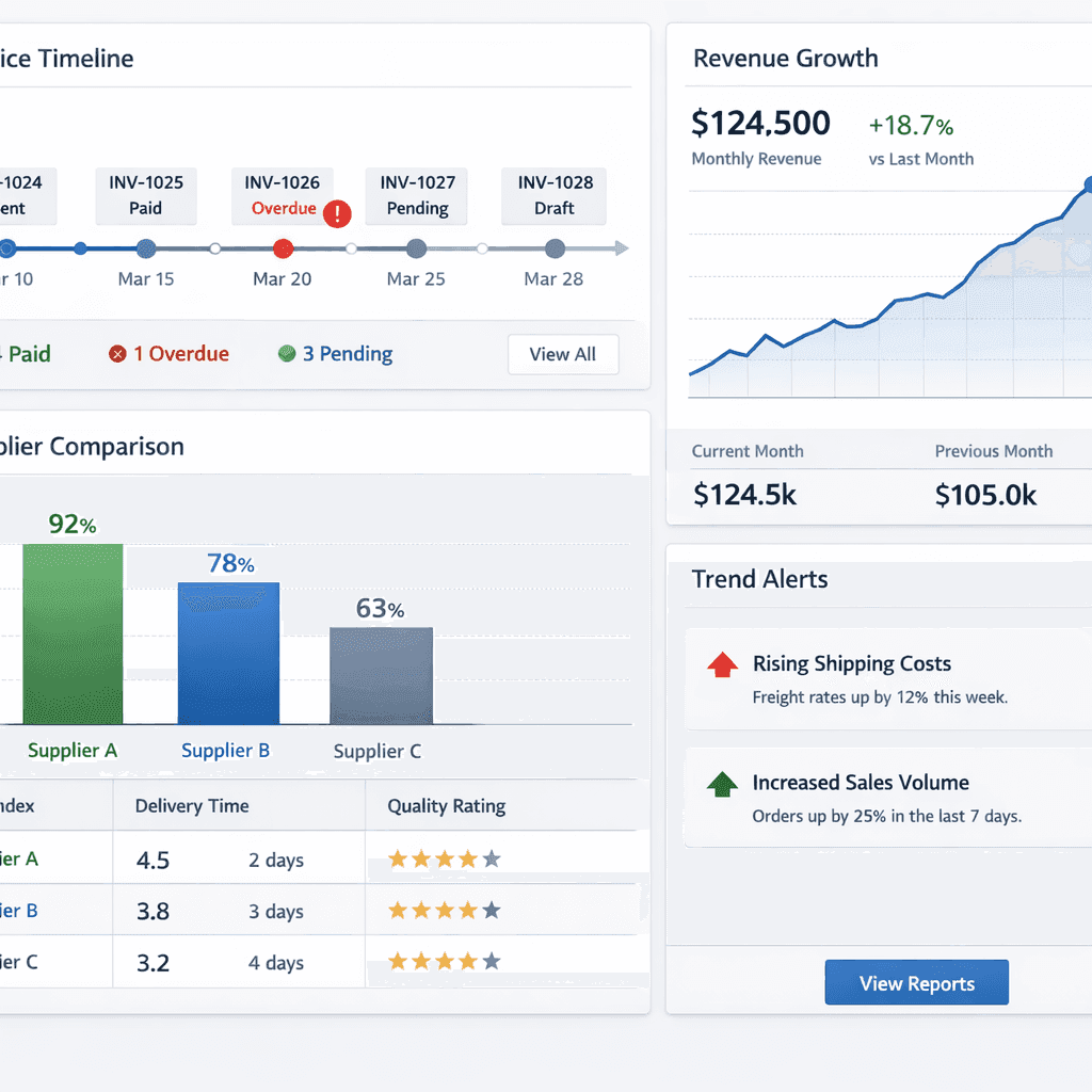 Dashboard com linha do tempo de notas fiscais, variação de preços e fornecedores